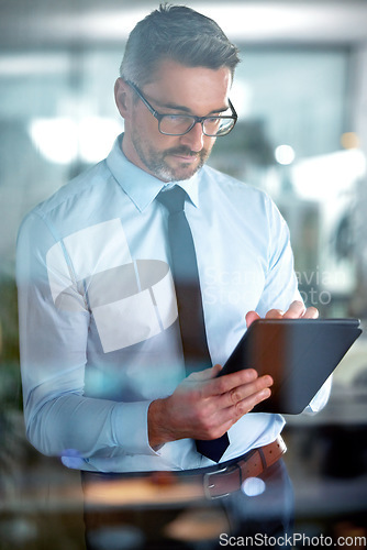 Image of Typing email, corporate and a businessman with a tablet for communication, connection and internet. Digital, working and a mature employee reading information, agenda or schedule on technology