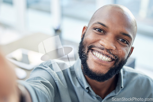 Image of Happy selfie and business with black man in office for social media, network or professional. Smile, happiness and pride with portrait of male employee and picture for entrepreneur, creative or pride