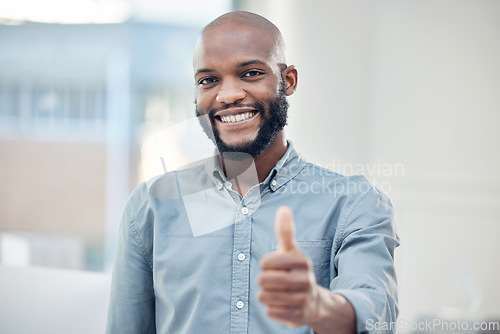 Image of Black man, business and thumbs up with success and portrait, smile with agreement and hand gesture. Mockup space, emoji and support with feedback, like and yes, male professional and positive vote