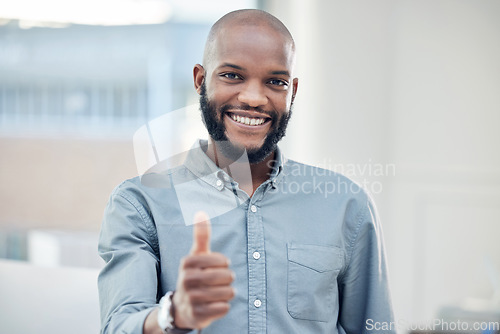 Image of Professional black man, thumbs up with success and portrait, smile with agreement and hand gesture. Mockup space, emoji and support with feedback, like and yes, male person in business and vote