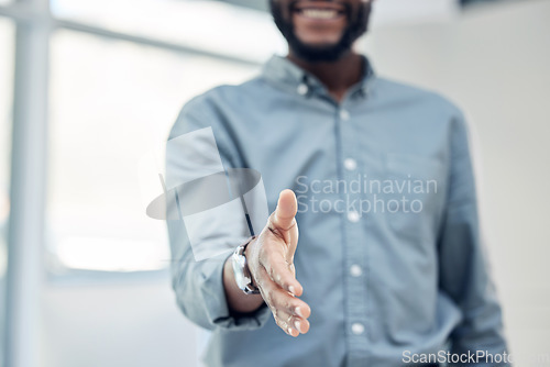 Image of Man, handshake and partnership with agreement and welcome, trust in collaboration with onboarding. Hand gesture, thank you or congratulations with hiring, male person and deal with introduction