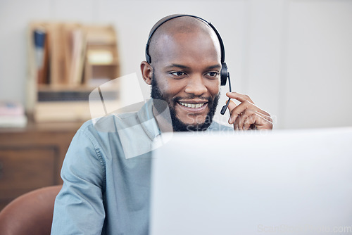Image of Black man, call center and microphone with smile, listening computer in customer service job at office. African male consultant, headset and happy at telemarketing agency, contact us and tech support