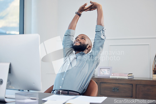 Image of Relax, business and black man stretching, employee and professional with computer, success and growth. Male person, consultant and agent in an office, stretch and hands behind head with finished task
