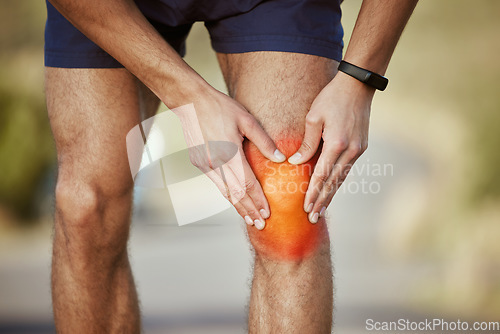 Image of Man, hands and runner with knee pain, injury or sore inflammation on bone in the outdoors. Hand of male person or athlete holding painful area in sports leg accident, fitness or bruise from running