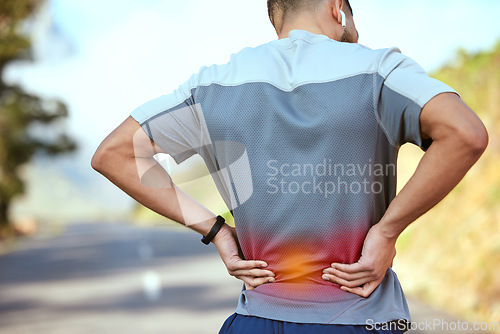 Image of Man, back pain and fitness with injury, inflammation or ache from workout, running or sports exercise in nature. Rear view of male person holding painful area, sore spine or broken bone after run