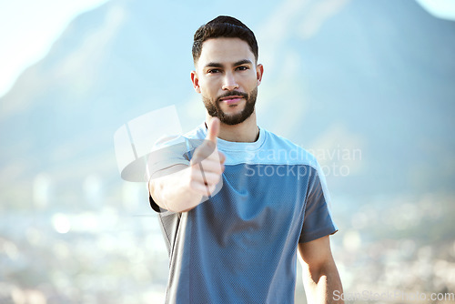 Image of Fitness, man and outdoor with thumbs up for a run or workout with a smile for motivation. Portrait and hand of male athlete runner on mountain road for training, exercise or health and wellness goals