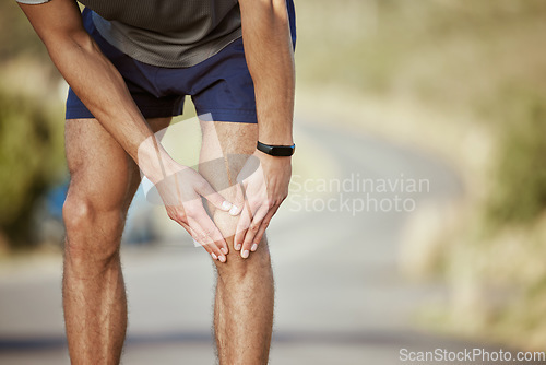 Image of Man, hands and runner with knee pain in fitness, injury or sore inflammation on bone in the outdoors. Hand of male person or athlete holding painful leg area in sport accident or bruise from running