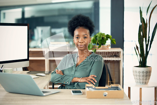 Image of Portrait, black woman and accountant with arms crossed, laptop and confident in office. Computer, face and female entrepreneur, auditor and professional from South Africa with business mockup space.