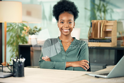 Image of Success, crossed arms and portrait of a female leader in her office with confidence and leadership. Corporate, professional and African woman executive ceo with vision, ideas and goals in workplace.