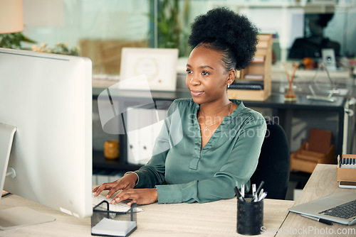 Image of Business, employee and black woman with a computer, typing and connection with digital planning, software update and network. Female person, consultant and editor with a pc and website information