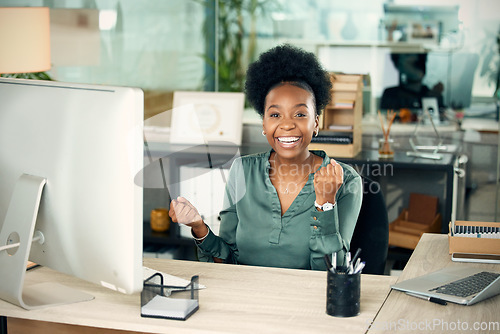 Image of Success portrait, happy and a black woman with good news, bonus celebration or career win. Business smile, winner and an African employee with company pride, happiness and achievement at a job