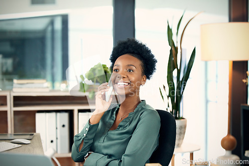 Image of Phone call, business and black woman talking, smile and conversation with contact. Smartphone, happy and African female professional networking, discussion or communication, listen and chat in office