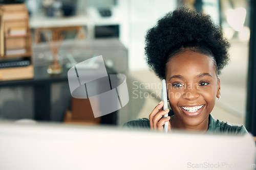 Image of Phone call, black woman and business, accountant and conversation with contact on computer. Smartphone, happy and African female professional or auditor talking, listening or communication in office.