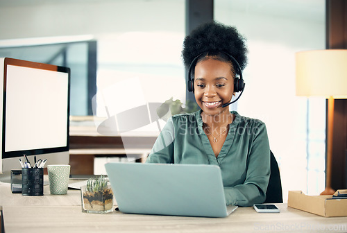 Image of Business, call center and black woman with a laptop, customer service and help with headphones. Female person, agent or employee with a pc, technology and tech support with advice, consulting and crm