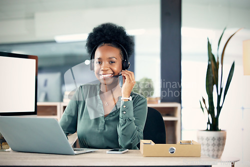 Image of Portrait, call center and black woman with a laptop, customer service and consulting with connection. Female person, agent and consultant with a pc, technology and agency for tech support and advice
