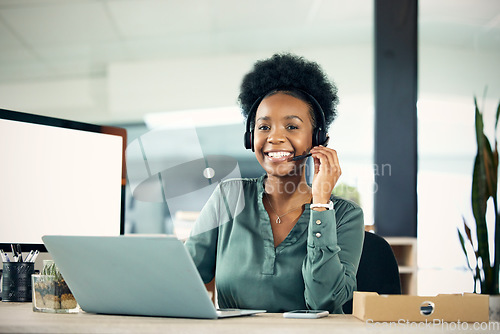 Image of Professional, woman and working in portrait at a call centre at a company with communication with customer. Customer service, female consultant and helping clients for online service at an agency.