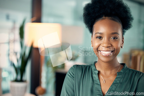 Image of Portrait, smile and black woman, designer or creative in office workplace. Happy, face and African female entrepreneur or design professional from South Africa with pride for business career at night