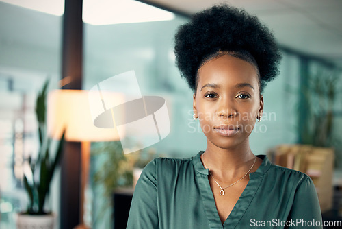 Image of Portrait, business and black woman with a career, serious and professional in a workplace, success or startup. Face, female person or employee with skills, consultant or agent in an office and growth