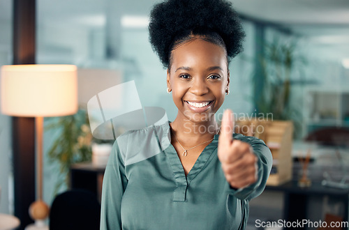 Image of Thumbs up, smile and portrait of a businesswoman in the office with confidence and success. Happy, emoji and professional African female hr manager with an approval hand gesture in the workplace.