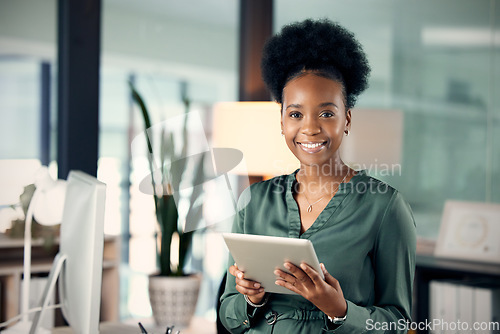 Image of Portrait, smile and black woman with tablet, designer and creative in office. Technology, face and African female entrepreneur or design professional from South Africa with pride for business career.