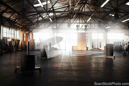 Image of Empty gym, club or fitness space for training hall in open room or health studio for exercise or workout. Modern interior, background or facility building for sports equipment or healthy lifestyle