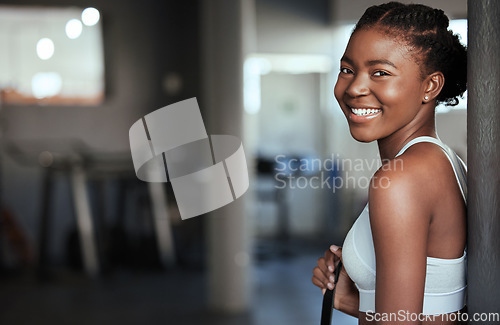 Image of Break, portrait or happy black woman at gym for a workout, exercise or training for healthy body or fitness. Face of sports girl or proud African athlete smiling or relaxing with positive mindset