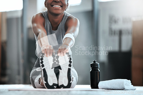 Image of Gym, hands or happy woman stretching legs for workout routine or body movement for active fitness. Smile, athlete or healthy girl smiling in exercise training warm up for flexibility or mobility