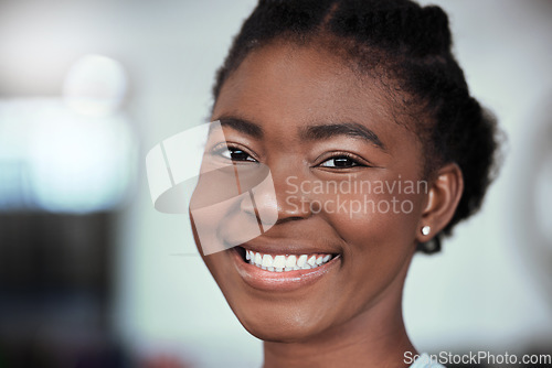 Image of Fitness, portrait or happy black woman at gym for a workout, exercise or training for healthy body or wellness. Face of sports girl or proud African athlete smiling or relaxing with positive mindset