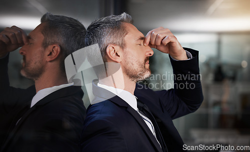 Image of Window, business man and stress or headache, burnout and overworked in office. Senior male, entrepreneur and ceo frustrated, mental health and leader with depression, pain and tired in workplace