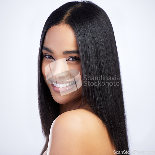Image of Beauty, face smile and straight hair of woman in studio isolated on a white background for skincare. Portrait, haircare and female model in natural makeup, cosmetics and salon treatment for hairstyle