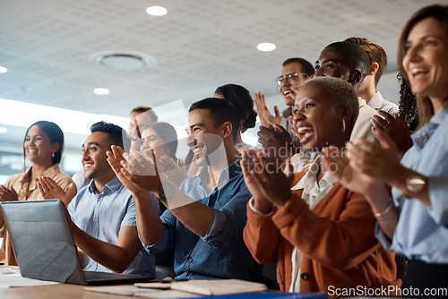 Image of Applause, support and success with a business team clapping as an audience at a conference or seminar. Meeting, wow and motivation with a group of colleagues or employees cheering on an achievement