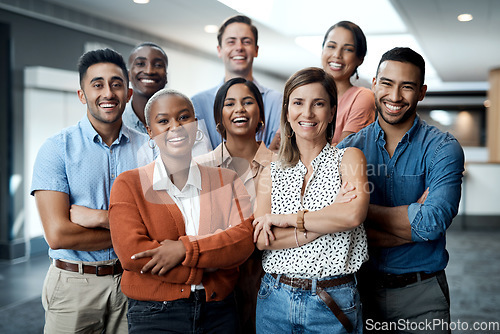 Image of Diversity, portrait of happy colleagues and smile together in a office at their workplace. Team or collaboration, corporate workforce and excited or cheerful group of coworker faces, smiling at work