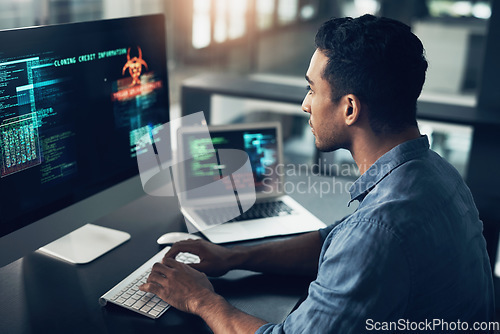 Image of Programming, error and man with cyber security, typing and focus with digital software, scam and finance. Male person, programmer or coder with technology, internet connection or analytics with fraud