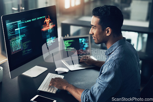 Image of Programmer, screen and man typing, coding and internet connection with digital software, computer error and cyber security. Male person, employee or coder with technology, big data or cloud computing