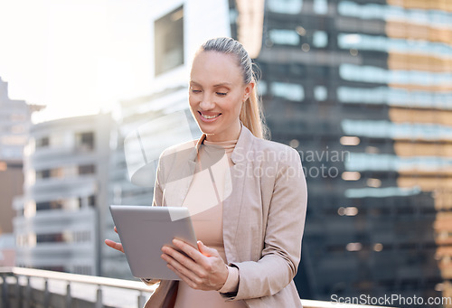 Image of Smile, businesswoman with tablet and happy in city background outdoors. Social media or connectivity, online communication and networking with female person writing an email on rooftop of building