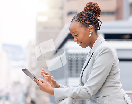 Image of Technology, businesswoman with tablet and happy on a balcony outdoors. Social networking or connectivity, online communication and African female person with digital device writing an email on roof