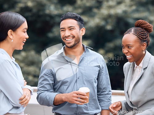 Image of Business people, coffee break and funny group in city together outdoor. Team, tea and laughing employees in street, man and women, coworkers or friends in comedy discussion, comic chat and talking.