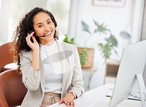Image of Call center, computer and portrait of business woman in office for customer service, contact us or communication. Sales, consulting and telemarketing with employee for help desk and technical support