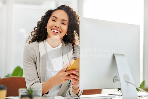Image of Computer, phone and portrait of insurance agent or business woman on social media, internet or web in a startup. Happy, online and employee or entrepreneur working on agency project in office
