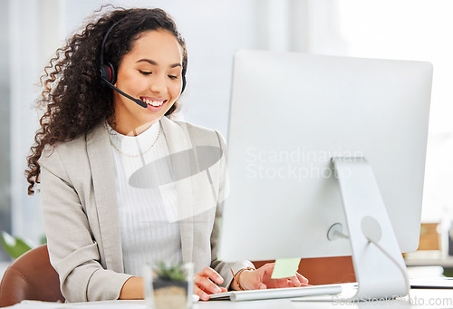 Image of Call center, computer and business woman in office for customer service, contact us or communication. Sales, consulting and telemarketing with female employee for help desk and technical support