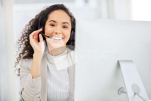 Image of Call center, online and portrait of business woman in office for customer service, contact us or communication. Sales, consulting and telemarketing with employee for help desk and technical support