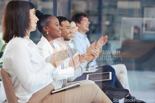 Image of Business people, meeting and applause for presentation, motivation or team collaboration at the office. Group of employees or audience clapping for teamwork, staff training or workshop at workplace