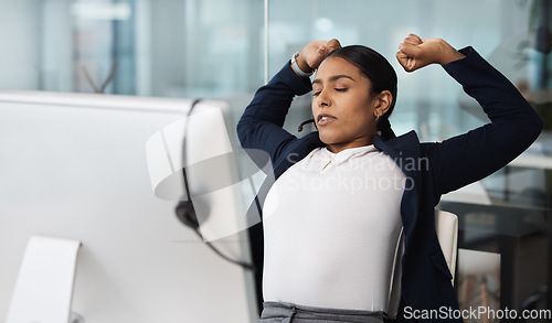 Image of Call center, fatigue and tired woman stretching at desk after consulting in crm, customer service or contact us in office. Telemarketing, burnout and lady consultant stretch after online support work