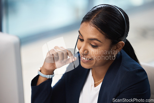 Image of Smile, telemarketing and business woman in call center office for customer service, help desk or technical support. Crm, contact us and female sales agent, consultant or employee working on computer.