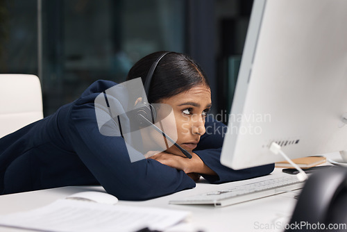 Image of Tired, call center problem and a woman with a computer for online service, support stress and frustrated. Sad, bored and a customer care employee reading an email on a pc at a telemarketing job