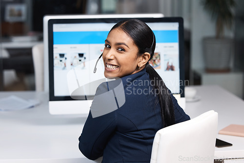 Image of Portrait, smile and business woman in call center for customer service, help desk or technical support. Face, contact us and female sales agent, consultant or employee for telemarketing, crm and work