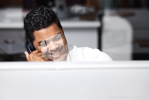 Image of Telephone, call and happy business man in office talking, smile and planning, contact and networking. Landline, conversation and cheerful male person in discussion, negotiation or startup proposal