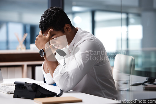 Image of Phone call stress, talking and a businessman in an office for communication and contact problem. Burnout, networking and a corporate employee in a conversation with a headache and business mistake