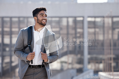 Image of Travel, happy and businessman walking in the city to his office building in the morning. Confidence, backpack and professional male employee with a smile commuting to work in an urban town street.