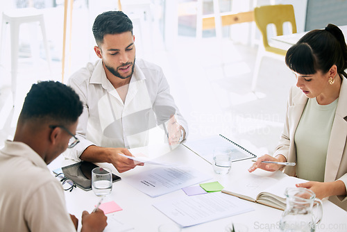 Image of Planning, meeting and business people with teamwork, brainstorming and manager discussion of documents. Company paperwork, project Ideas and woman with men or team talking in office collaboration